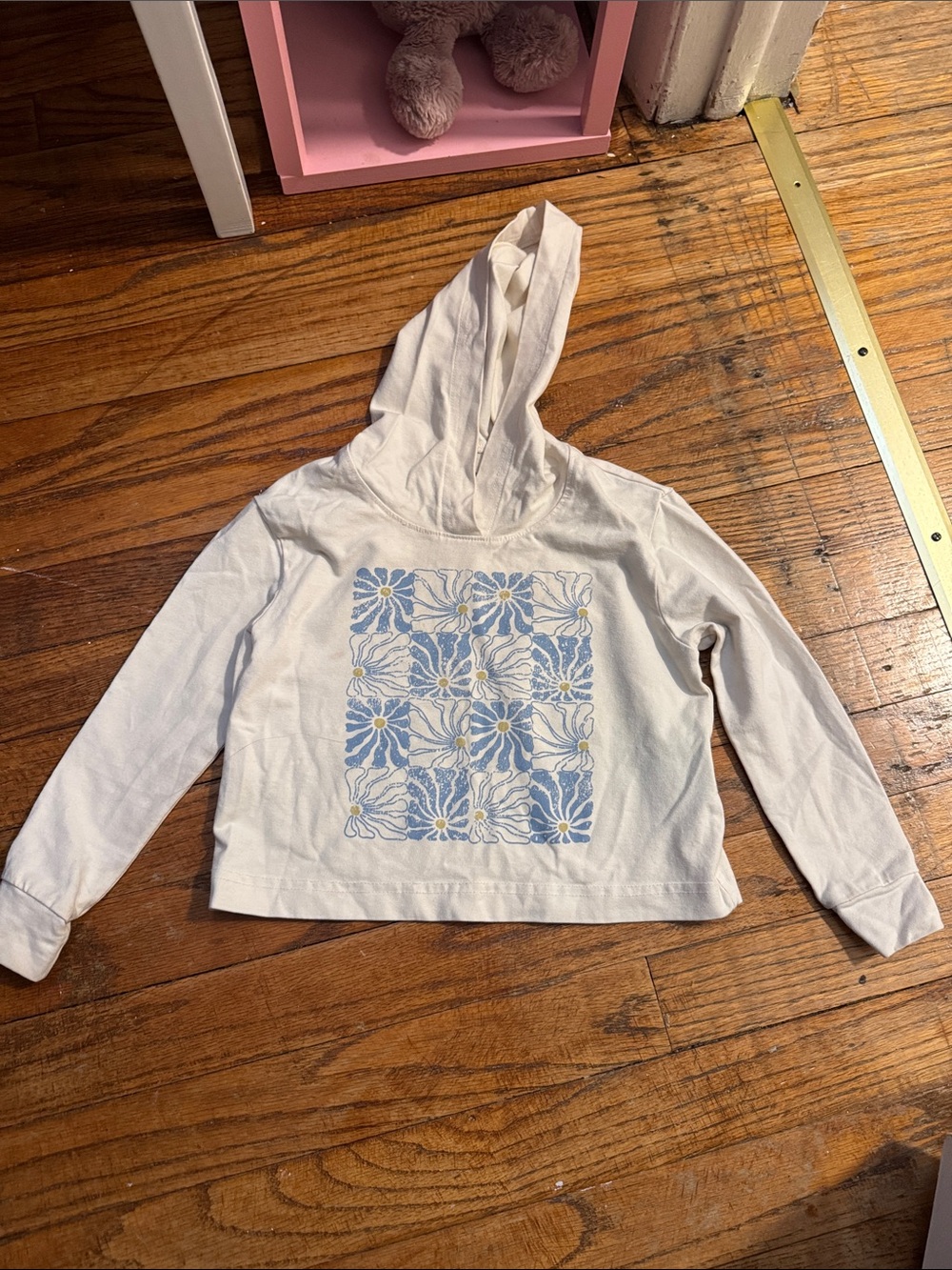Girls White Hoodie with Blue Floral Square Print